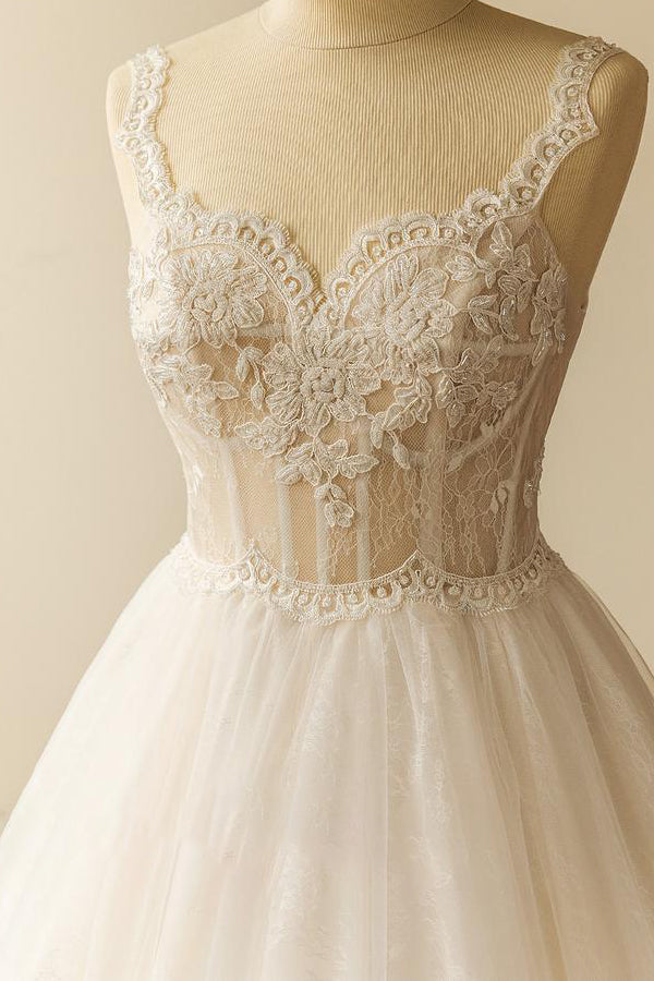 Gorgeous Straps Sleeveless Tulle Wedding Dress | A-line Appliques Lace Bridal Gowns