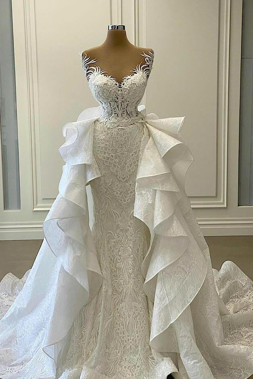 Gorgeous Sweetheart Mermaid Bridal Gown Sleeveless White Wedding Dress with Detachable Train