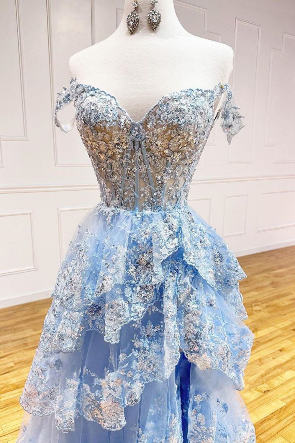 Gorgeous A-Line Light Blue Off The Shoulder Sparkly Tiered Long Prom Dress With Split - View 2 | VelvetHem