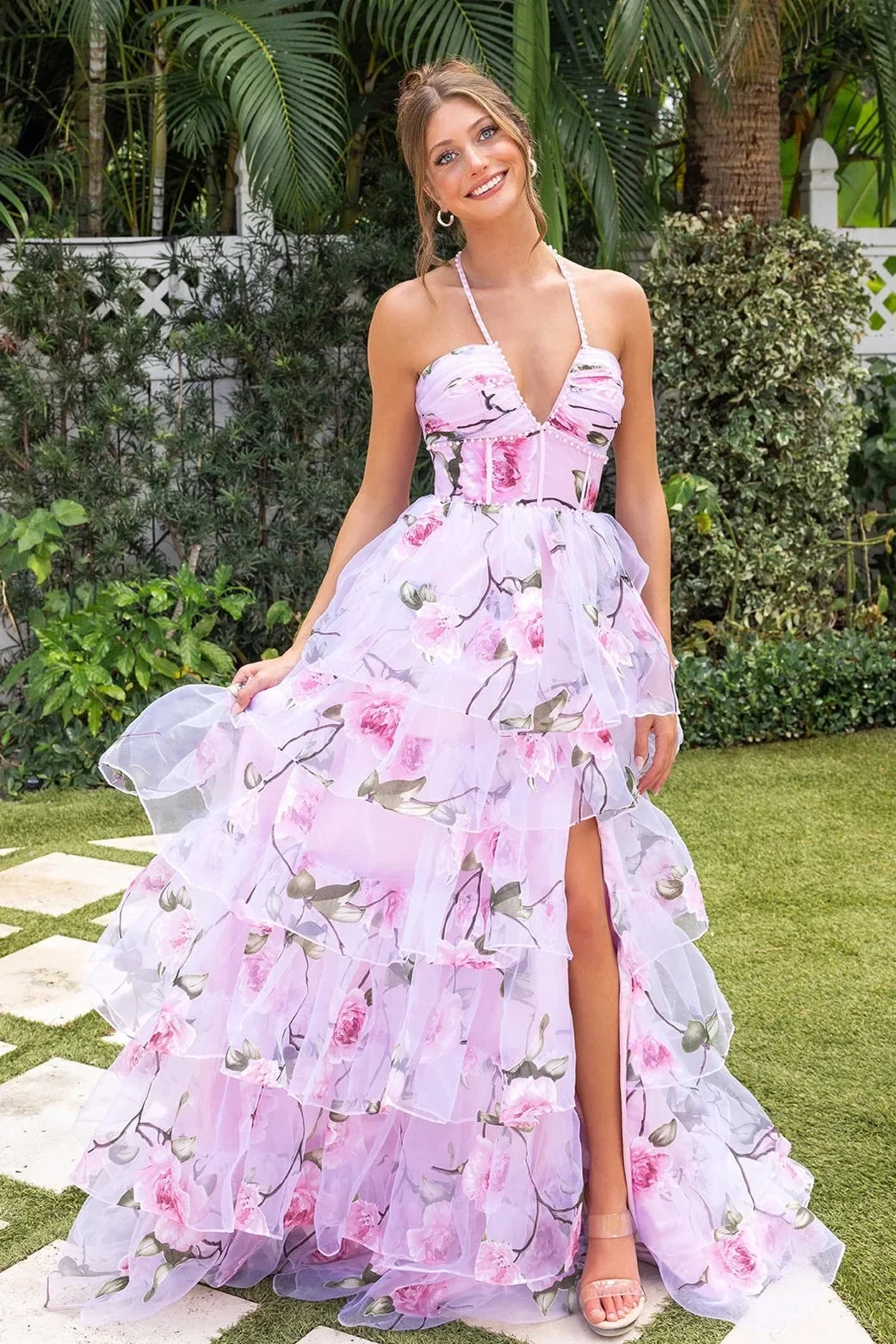 Gorgeous A Line Halter Neck Light Pink Corset Prom Dress with Pearls