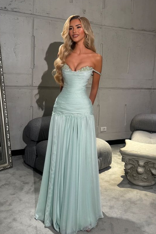 Gorgeous A Line Off the Shoulder Light Blue Long Prom Dress with Beading - View 2 | VelvetHem
