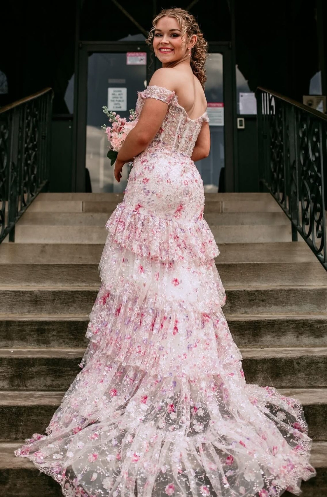 Gorgeous A Line Off the Shoulder Light Pink Corset Prom Dress with Appliques - View 3 | VelvetHem