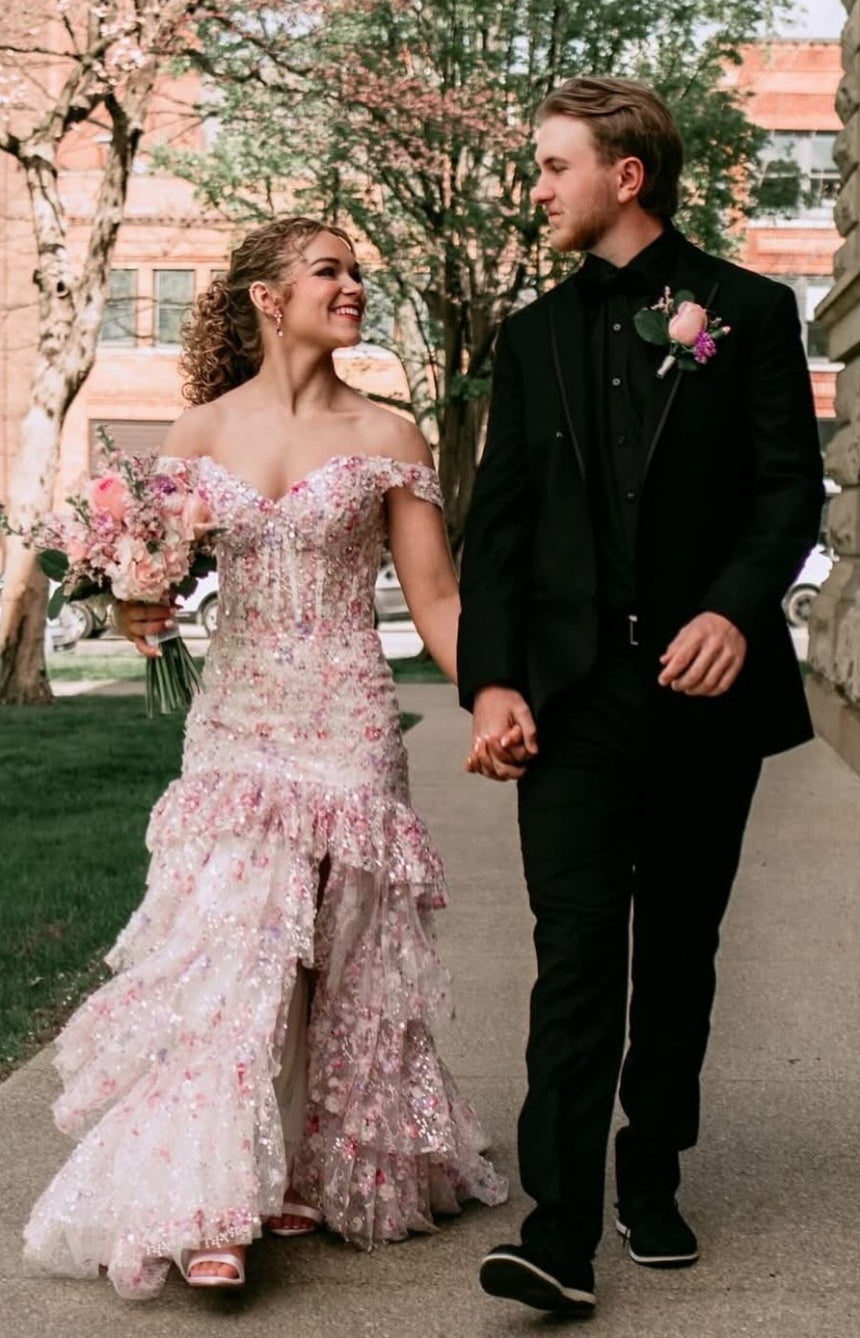 Gorgeous A Line Off the Shoulder Light Pink Corset Prom Dress with Appliques - View 6 | VelvetHem