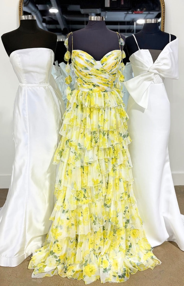 Gorgeous A Line Spaghetti Straps Yellow Floral Printed Long Prom Dress with Ruffles - VelvetHem