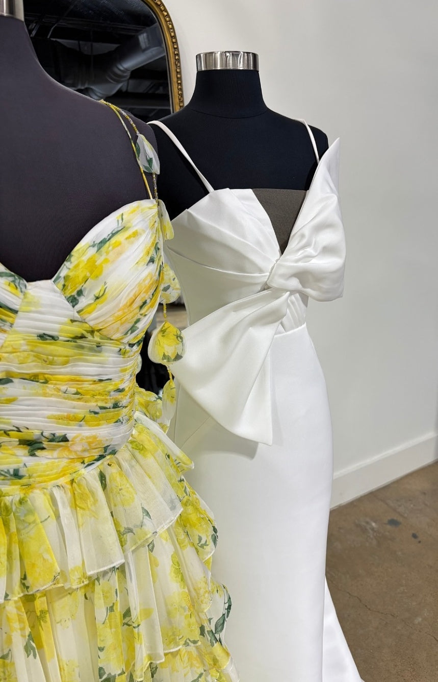 Gorgeous A Line Spaghetti Straps Yellow Floral Printed Long Prom Dress with Ruffles - View 2 | VelvetHem