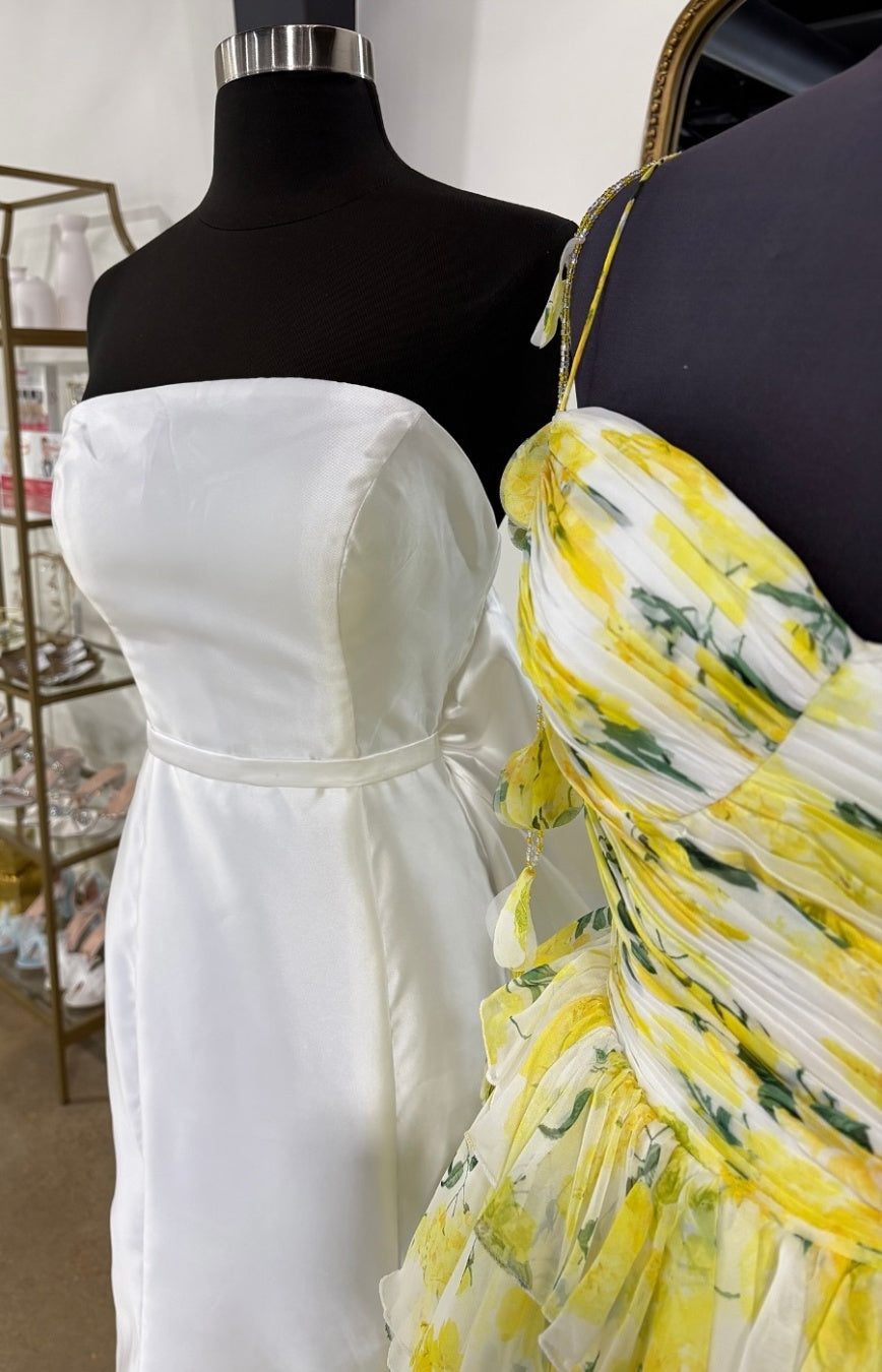 Gorgeous A Line Spaghetti Straps Yellow Floral Printed Long Prom Dress with Ruffles - View 3 | VelvetHem