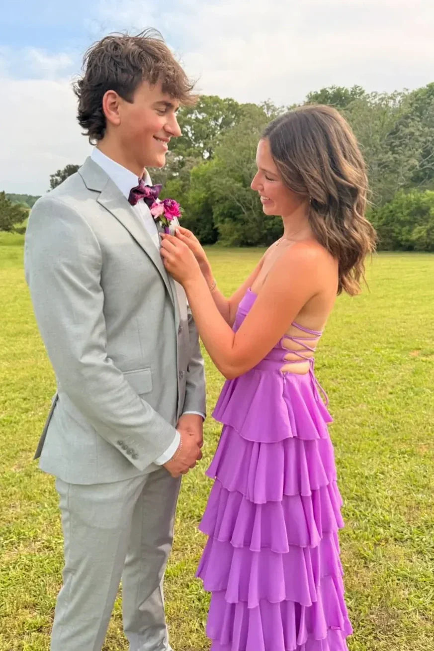 Gorgeous A Line Strapless Purple Long Prom Dress with Criss Cross Back