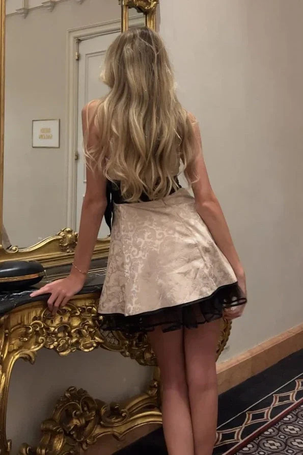 Gorgeous A Line Strapless White Printed Short Homecoming Dress with Bowknot