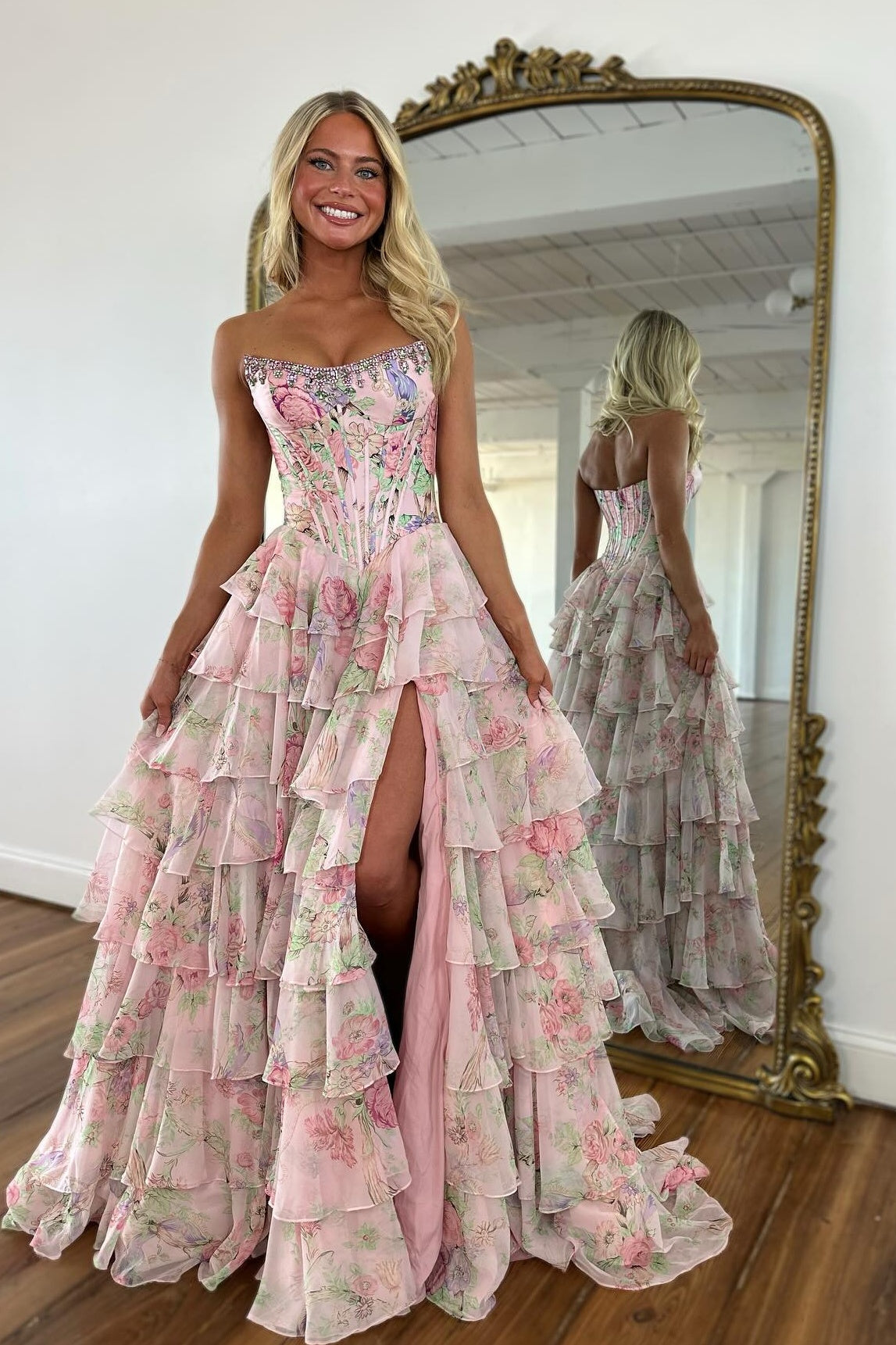 Gorgeous A Line Strapless Yellow Printed Corset Prom Dress with Beading Ruffles