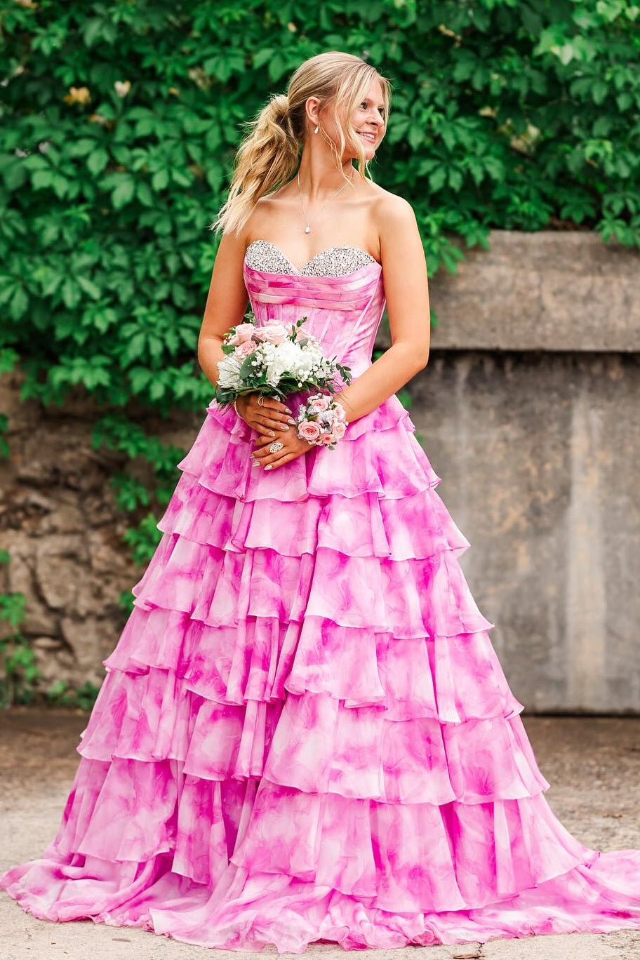Gorgeous A Line Sweetheart Pink Printed Corset Prom Dress with Beading Ruffles - VelvetHem