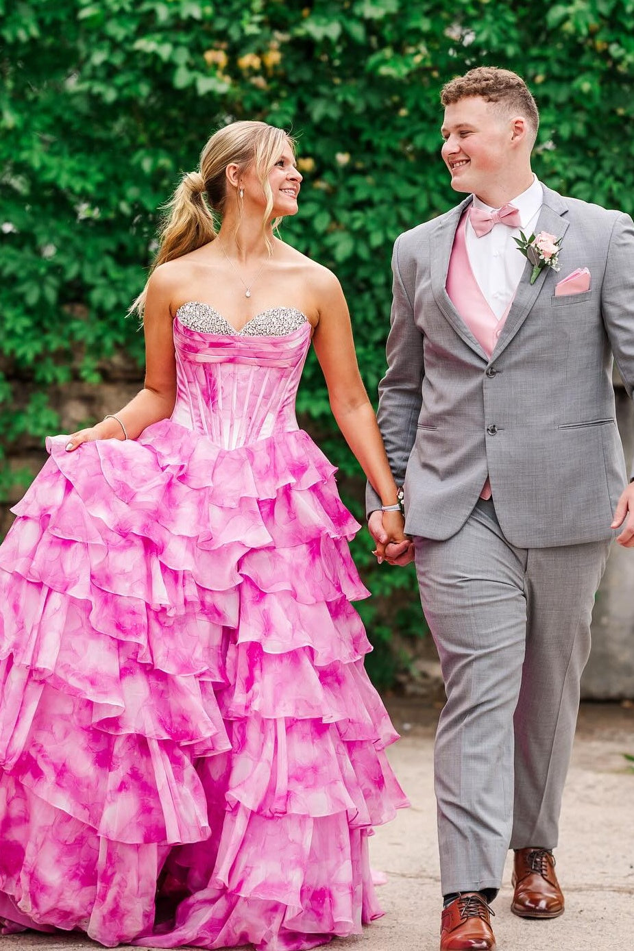 Gorgeous A Line Sweetheart Pink Printed Corset Prom Dress with Beading Ruffles - View 4 | VelvetHem