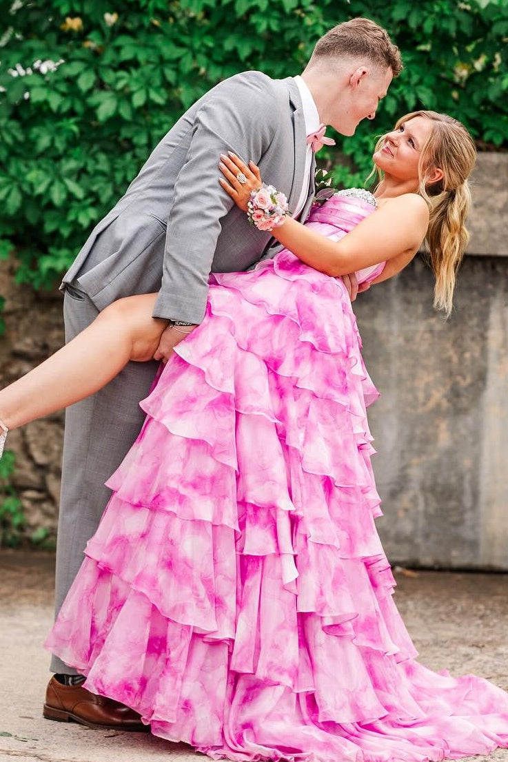 Gorgeous A Line Sweetheart Pink Printed Corset Prom Dress with Beading Ruffles - View 5 | VelvetHem
