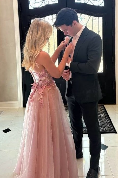 Gorgeous A Line Sweetheart Pink Long Prom Dress with Appliques - View 2 | VelvetHem