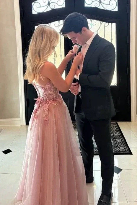 Gorgeous A Line Sweetheart Pink Long Prom Dress with Appliques - View 4 | VelvetHem