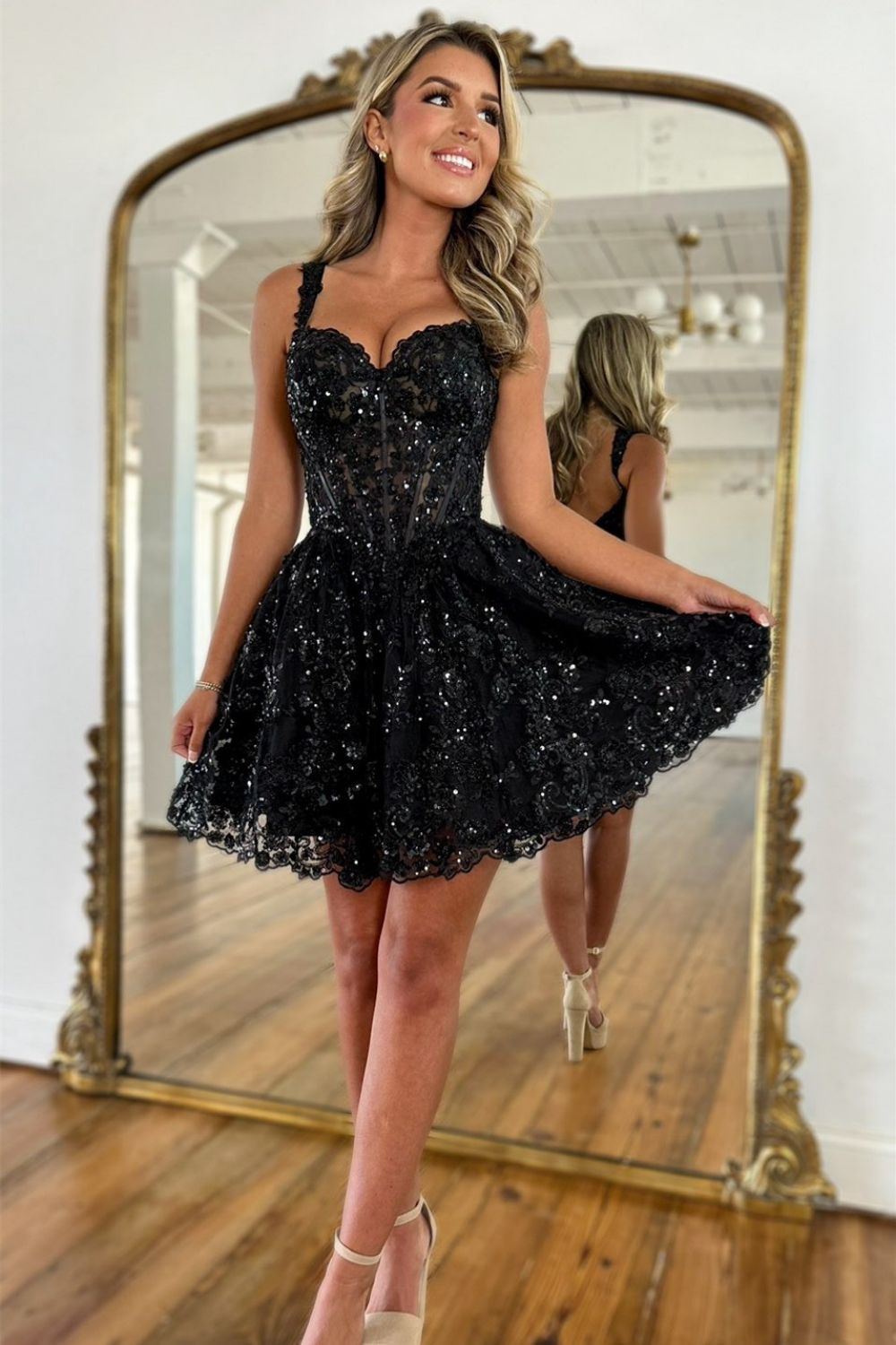 Gorgeous Black A-Line Straps Short Homecoming Dress with Sequin - VelvetHem
