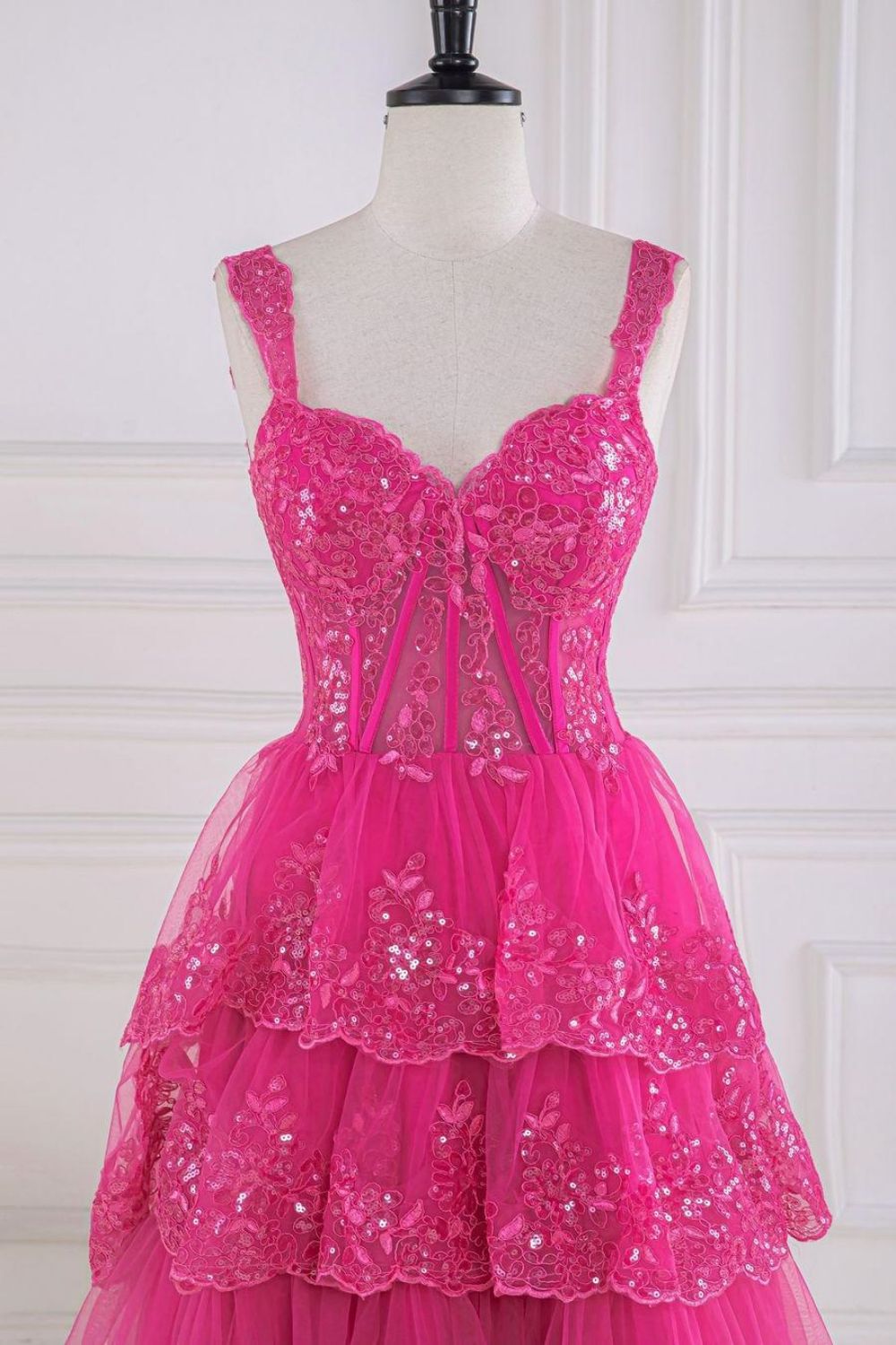 Gorgeous Fuchsia A-Line Off The Shoulder Long Tiered Prom Dress With Appliques - View 2 | VelvetHem