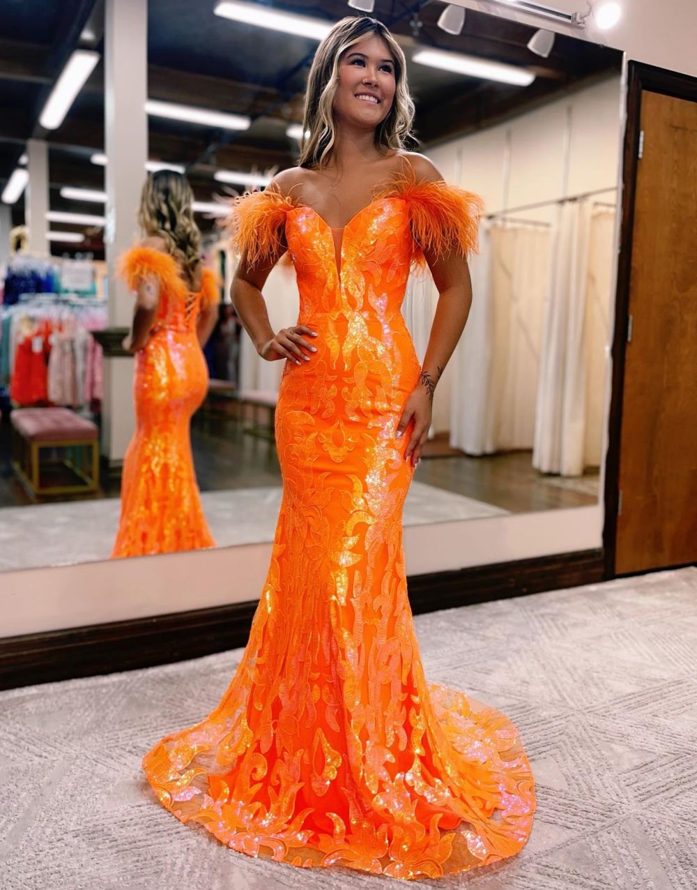 Gorgeous Mermaid Feather Off The Shoulder Prom Dress - VelvetHem