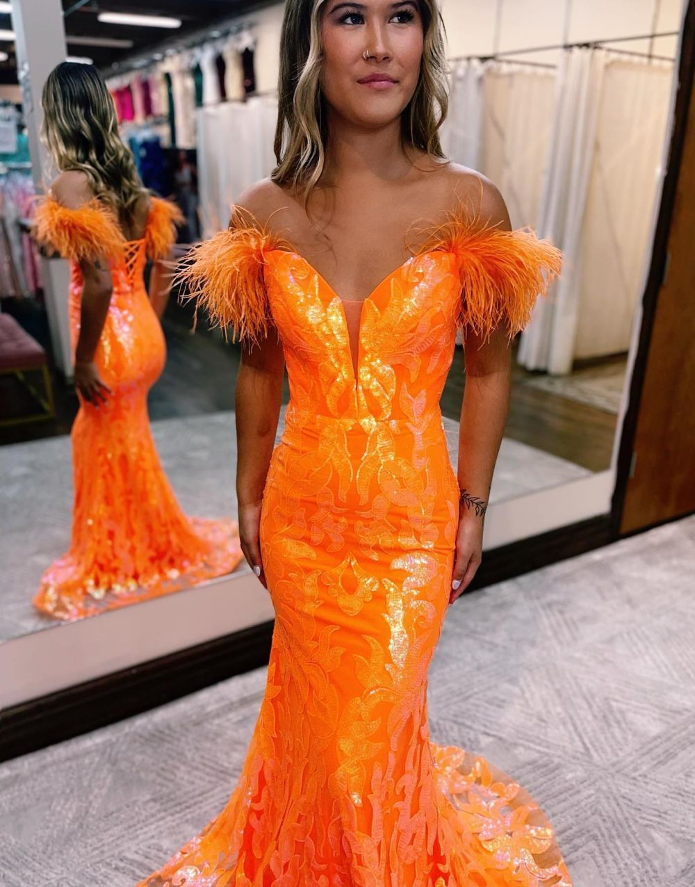 Gorgeous Mermaid Feather Off The Shoulder Prom Dress - View 3 | VelvetHem