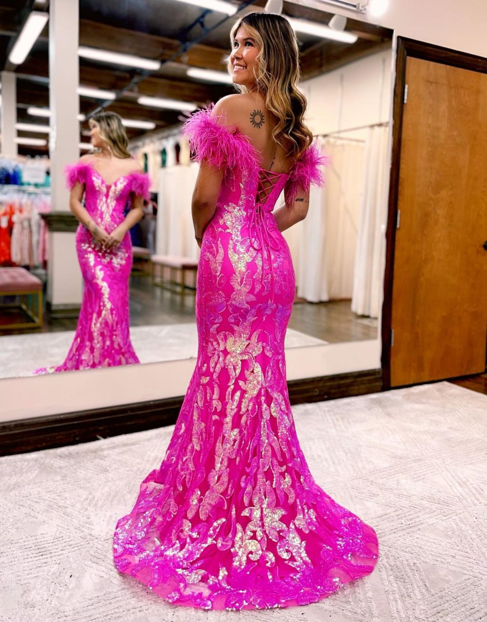 Gorgeous Mermaid Feather Off The Shoulder Prom Dress - View 5 | VelvetHem