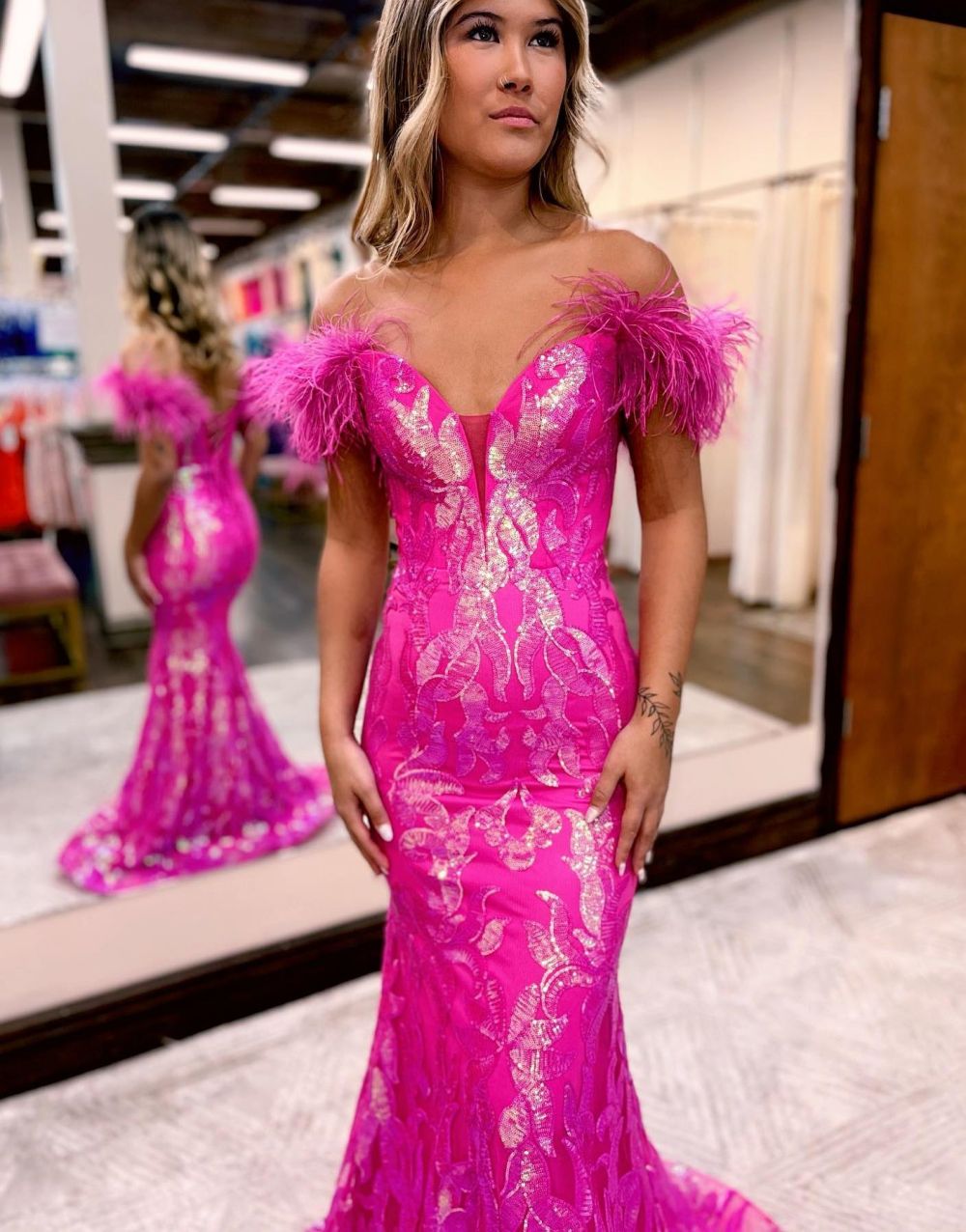 Gorgeous Mermaid Feather Off The Shoulder Prom Dress - View 6 | VelvetHem