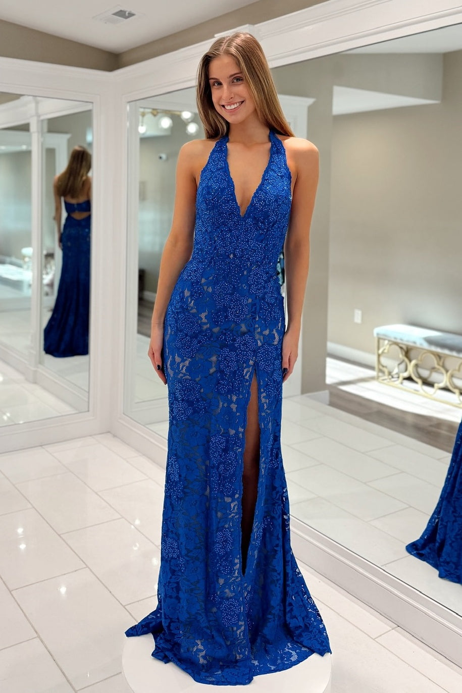 Gorgeous Mermaid Halter Neck Royal Blue Lace Long Prom Dress with Beading - VelvetHem