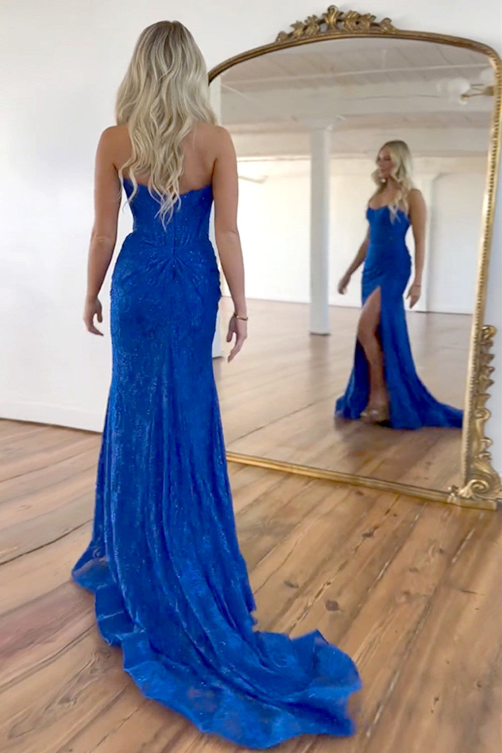 Romantic Lavender Mermaid Strapless Long Lace Prom Dress With Slit - View 9 | VelvetHem