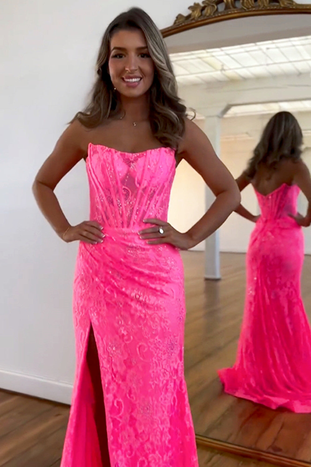 Romantic Lavender Mermaid Strapless Long Lace Prom Dress With Slit - View 3 | VelvetHem