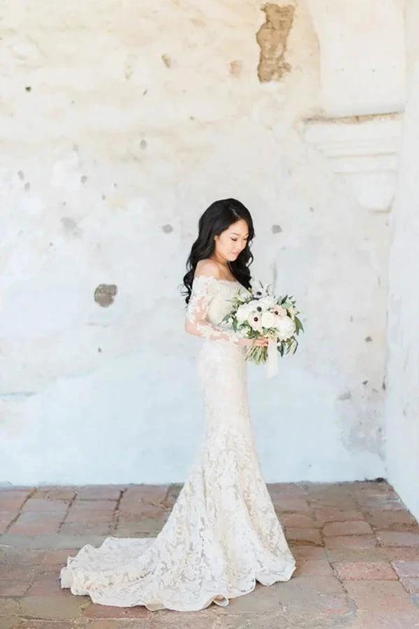 Gorgeous Off Shoulder Ivory Lace Long Sleeves Mermaid Wedding Dress (ZD16058)