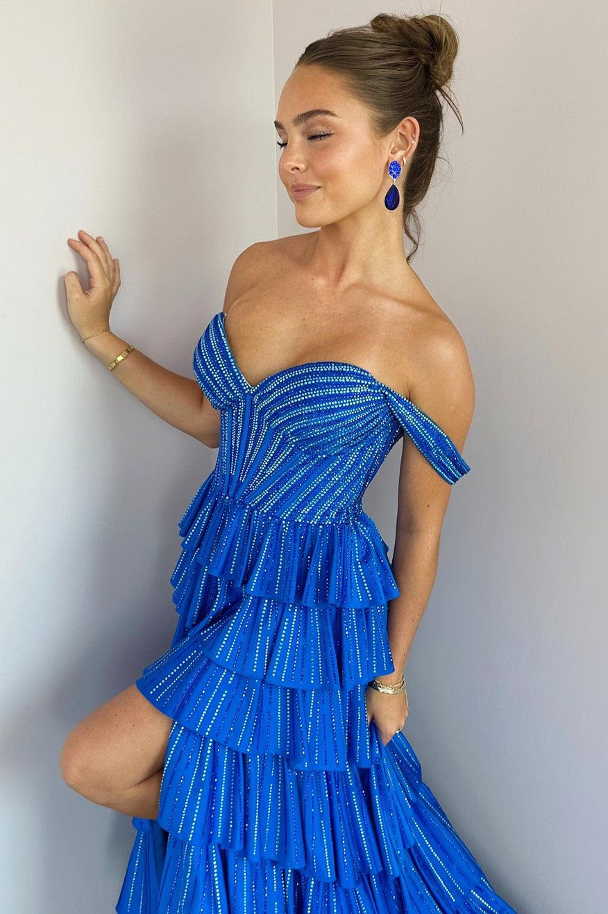 Gorgeous Royal Blue A-Line Off The Shoulder Long Beaded Prom Dress
