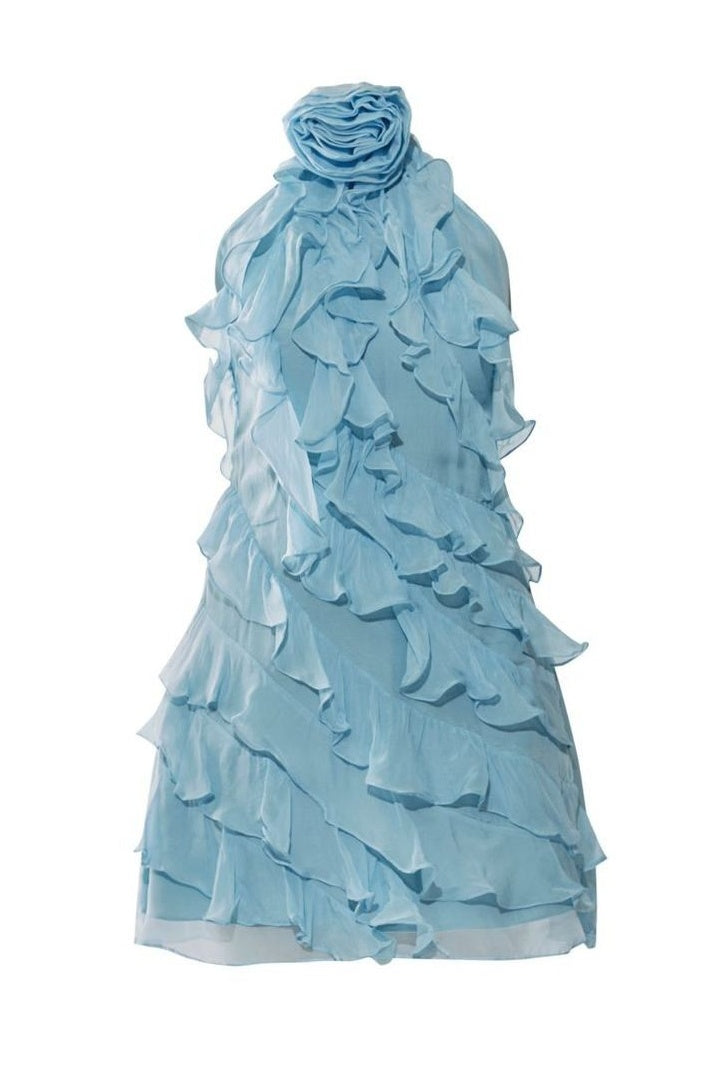 Chic A Line Halter Neck Light Blue Short Homecoming Dress with Appliques