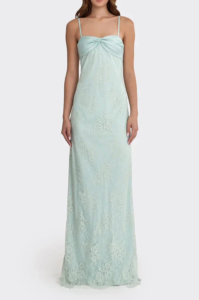 Gorgeous Sheath Spaghetti Straps Pink Long Prom Dress with Lace