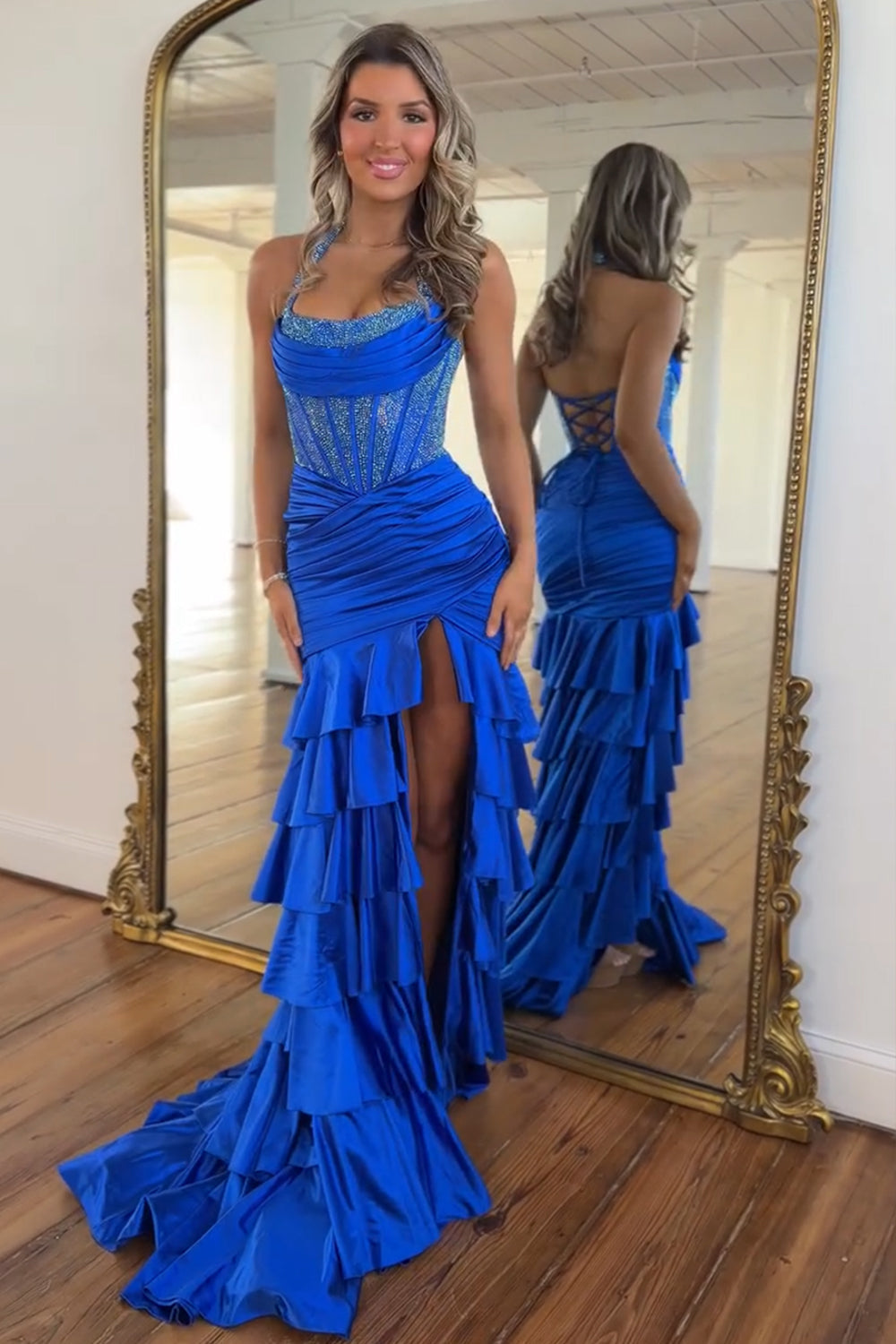 Gorgeous Mermaid Halter Neck Royal Blue Corset Prom Dress with Beading Ruffles