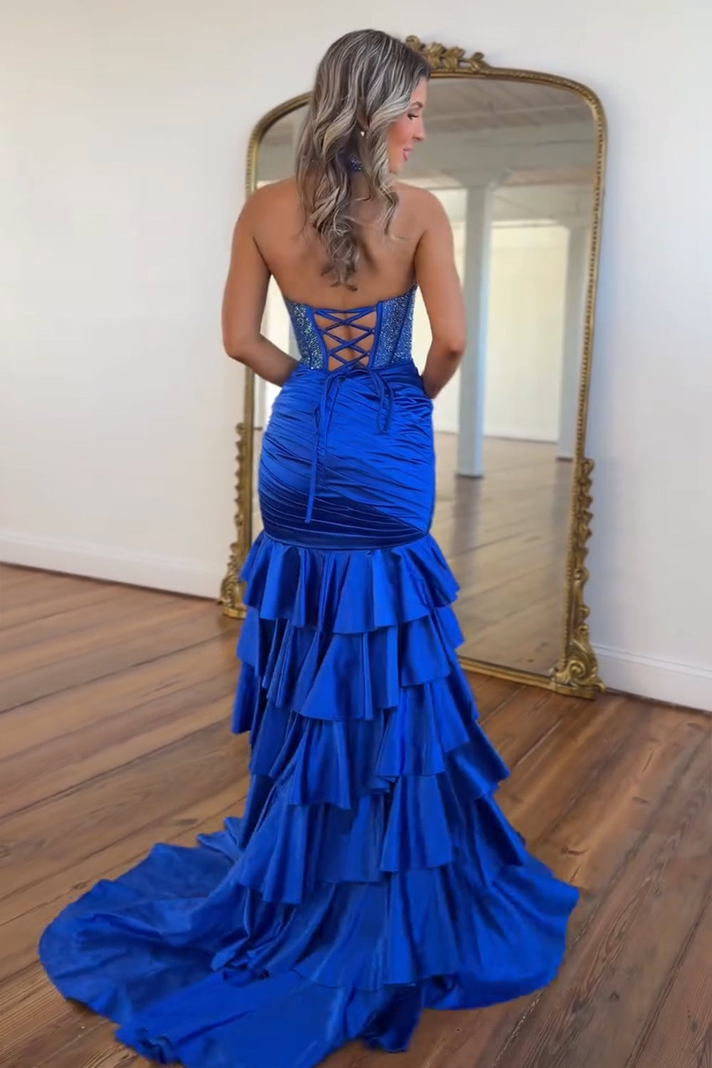 Gorgeous Mermaid Halter Neck Royal Blue Corset Prom Dress with Beading Ruffles