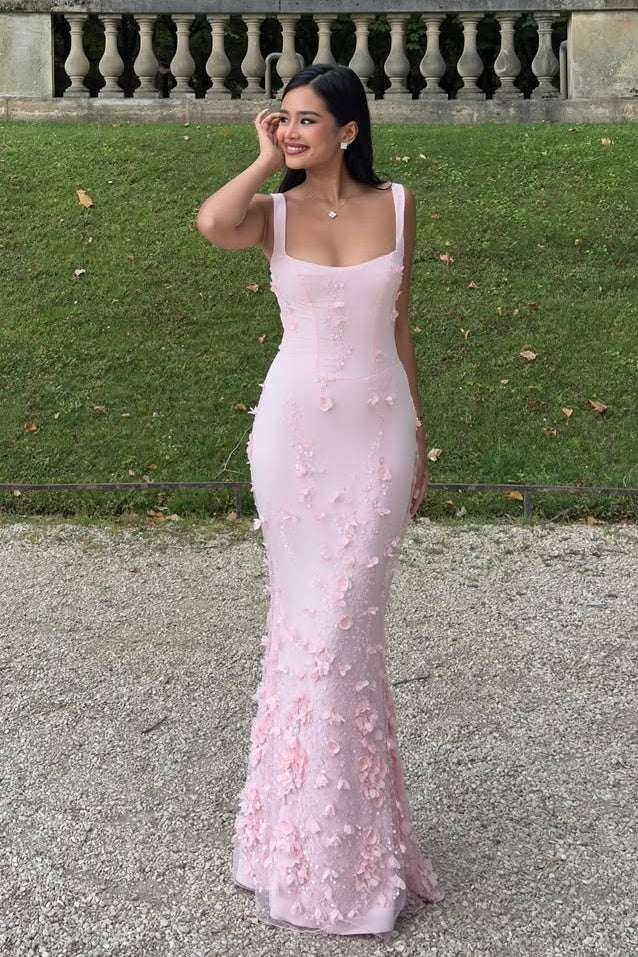 Gorgeous Mermaid Square Neck Pink Long Prom Dress with Flowers