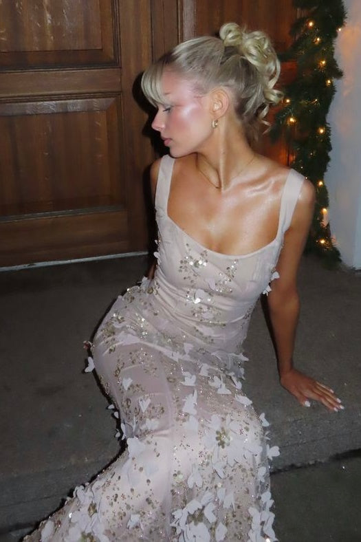 Gorgeous Mermaid Square Neck Pink Long Prom Dress with Flowers