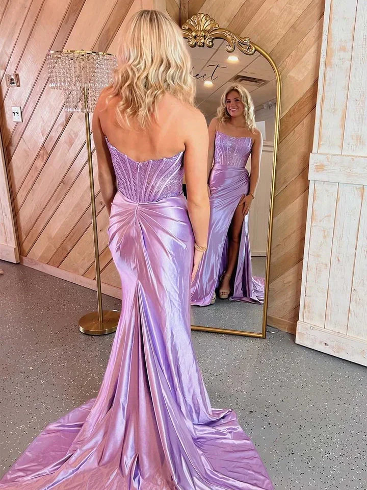 Royal Blue Mermaid Strapless Beaded Top Long Satin Prom Dress - View 8 | VelvetHem