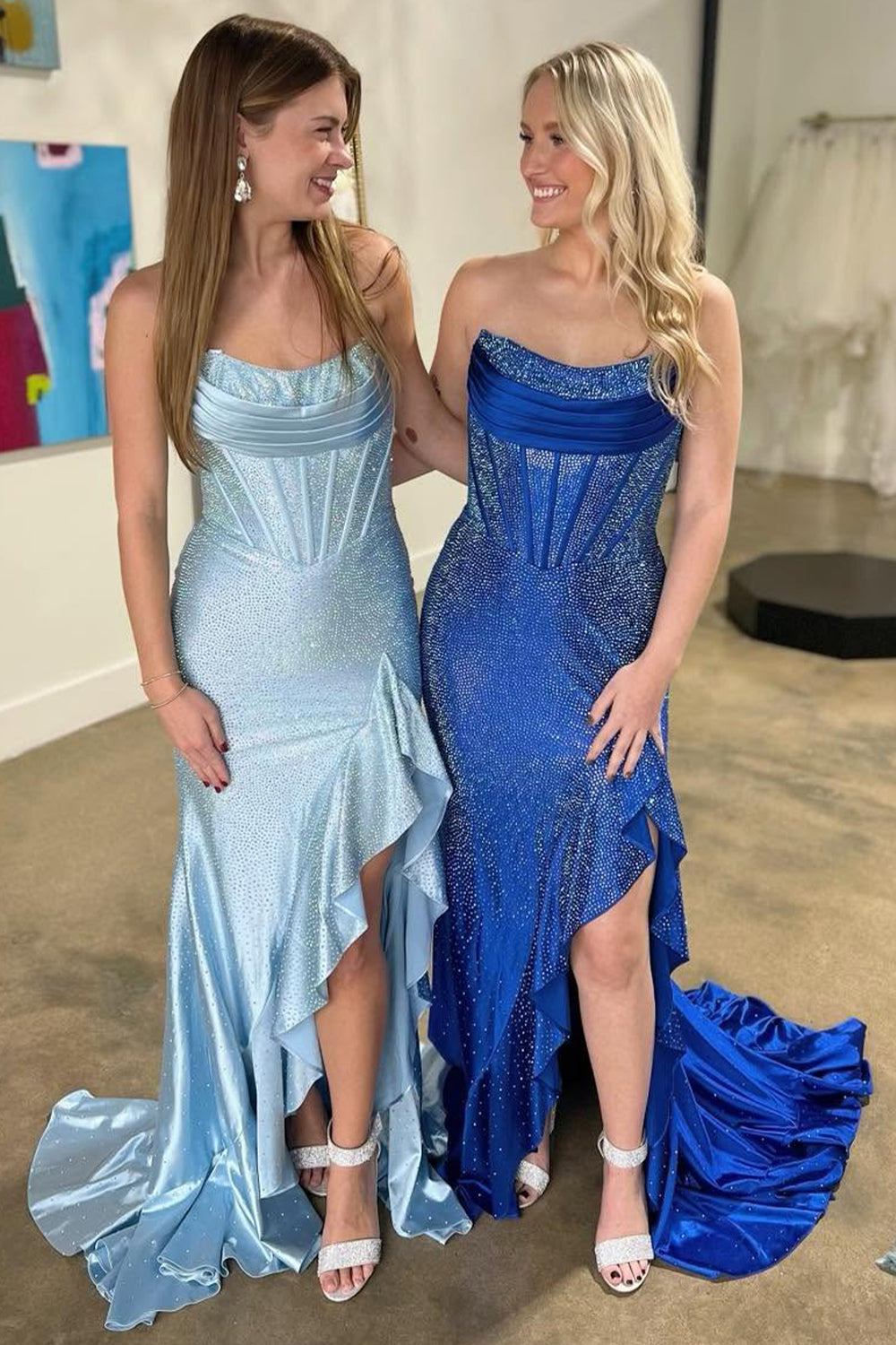 Orange Sparkly Mermaid Strapless Lace Up Long Beaded Prom Dress with Slit