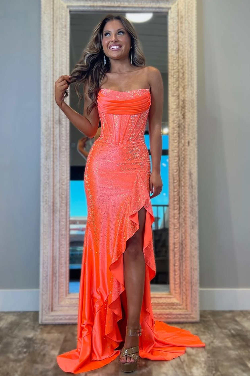 Orange Sparkly Mermaid Strapless Lace Up Long Beaded Prom Dress with Slit - VelvetHem