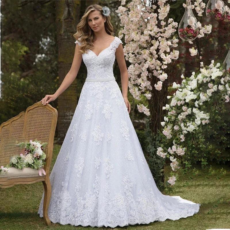 Graceful Tulle & Lace V-neck Neckline A-line Wedding Dresses With Appliques & Beadings Sash Bridal Grown Vestido De by payinti