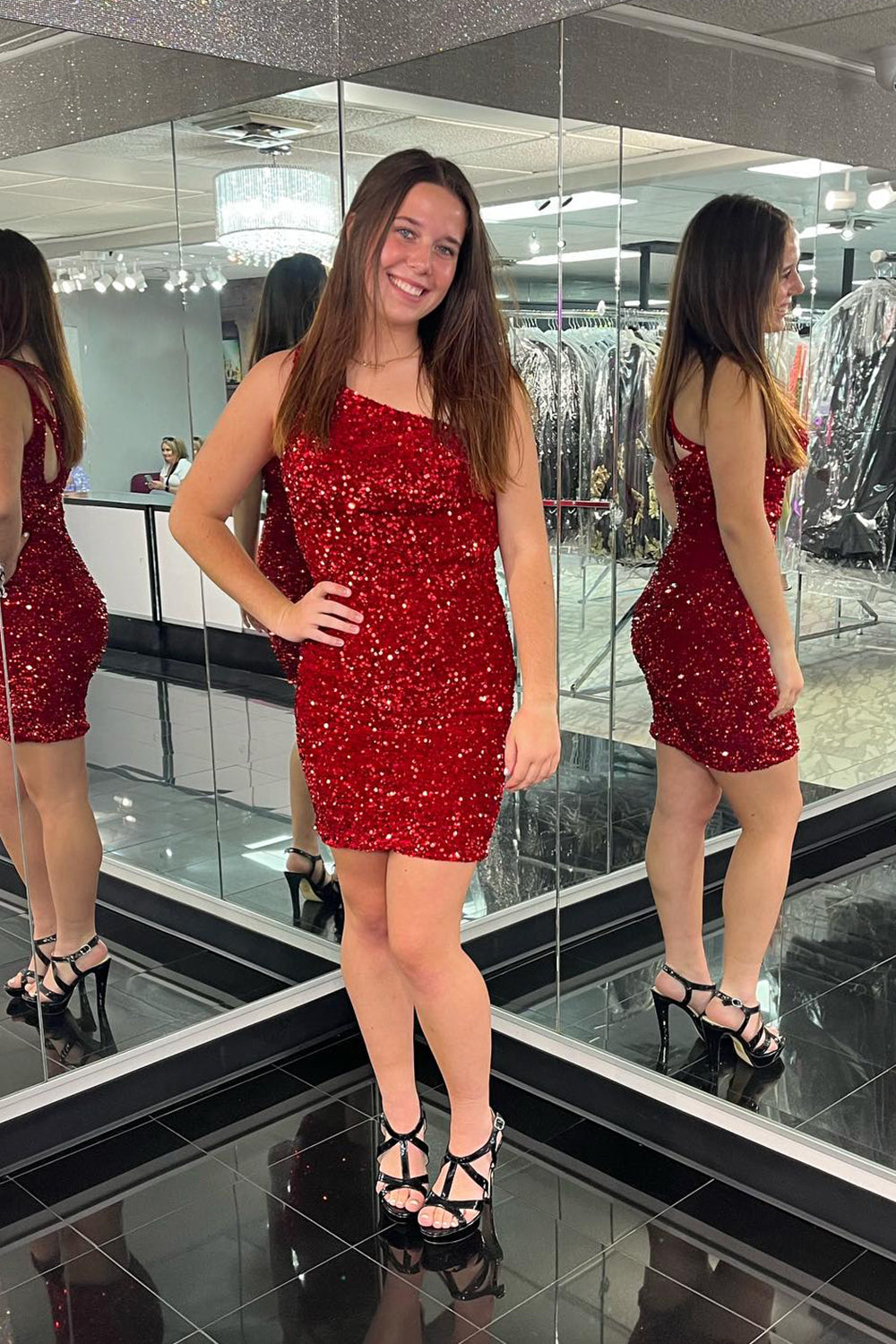 Hot Pink Homecoming Dresses Open Sequin One Shoulder Tight Prom Dress