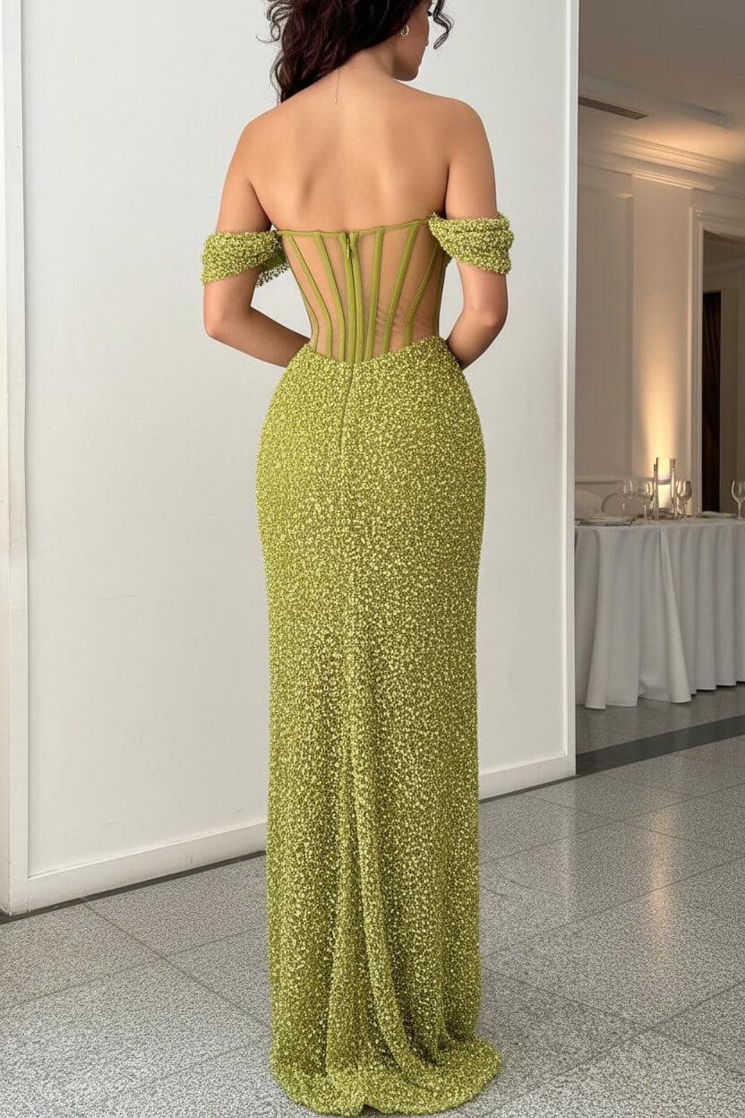Suzhoufashion Green Off Shoulder Corset Sequin Prom Dress With High Slit Formal Evening Gown