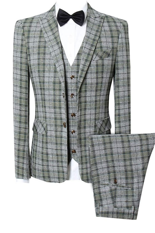 Green Plaid Peaked Lapel 3 Piece Business Suit