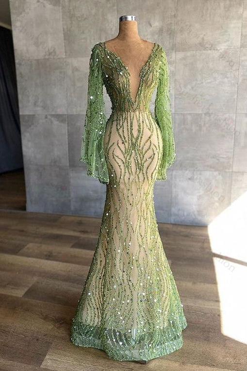 Green Prom Dress Mermaid Beaded Evening Formal Dress Long Sleeves With Sequins