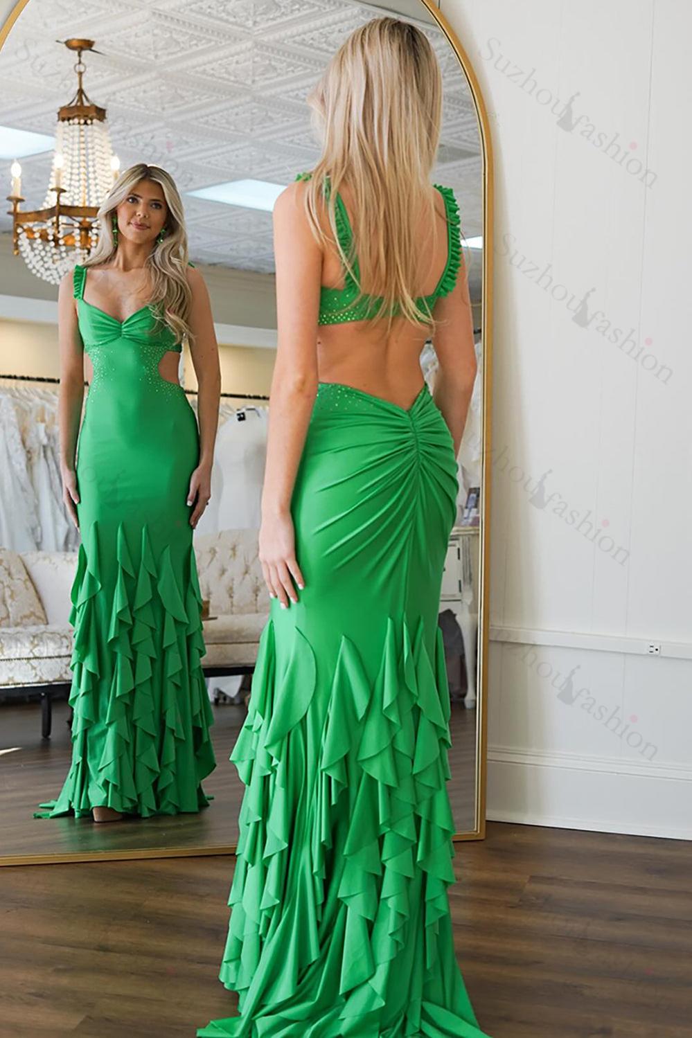 Green Prom Dress Mermaid Ruffled Satin Long Formal Dress With Beadings