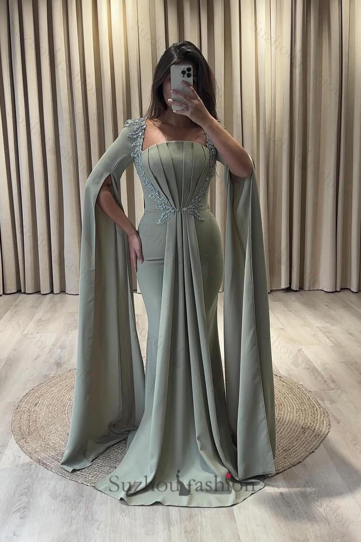 Green Prom Dress Mermaid Strapless Cap Sleeves Beaded Chiffon Formal Dress