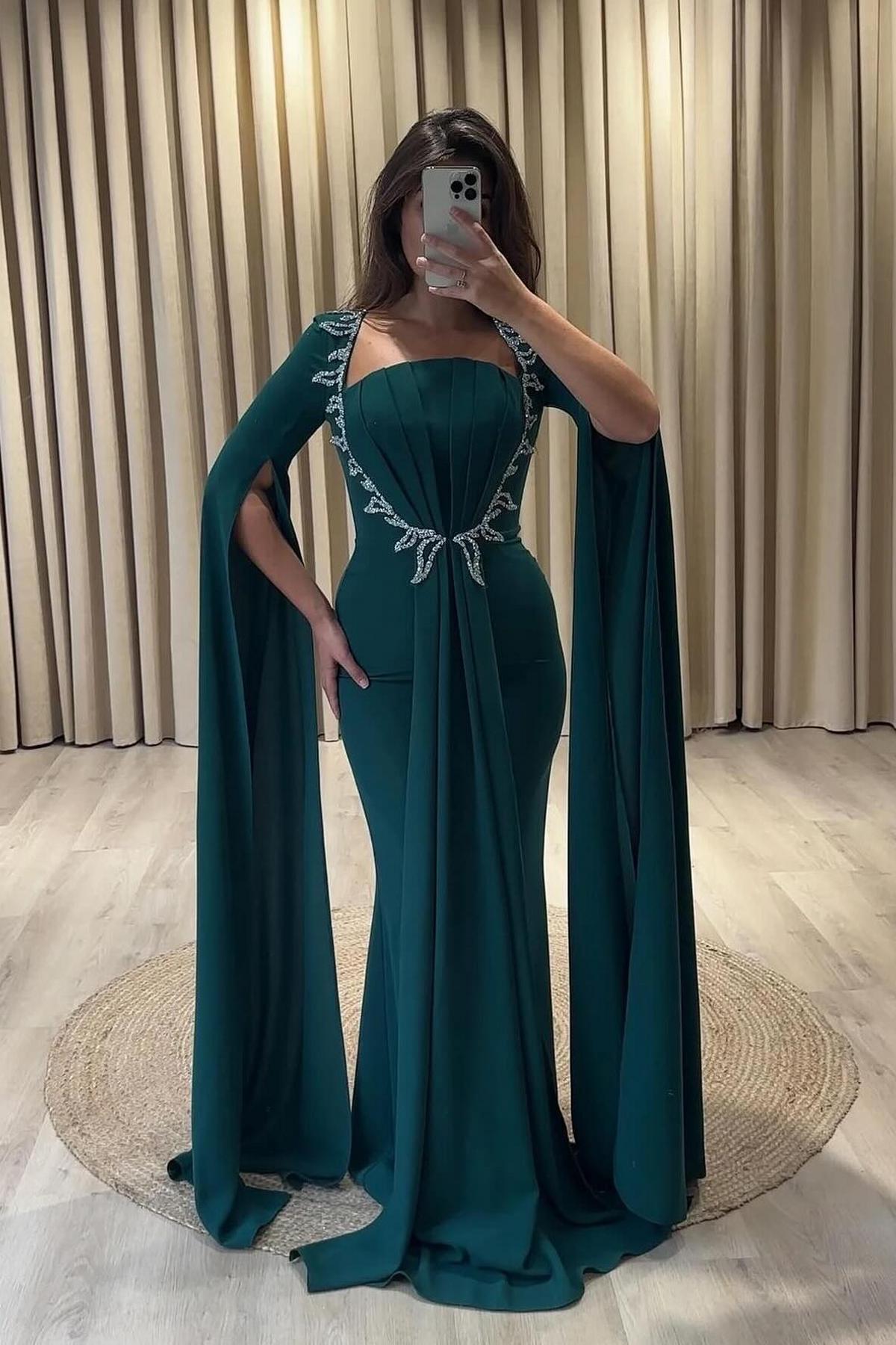 Green Prom Dress Mermaid Strapless Cap Sleeves Beaded Chiffon Formal Dress