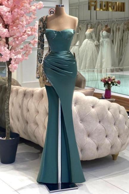 Green Prom Dress Mermaid Strapless One Shoulder Beaded Satin Slit Formal Dress