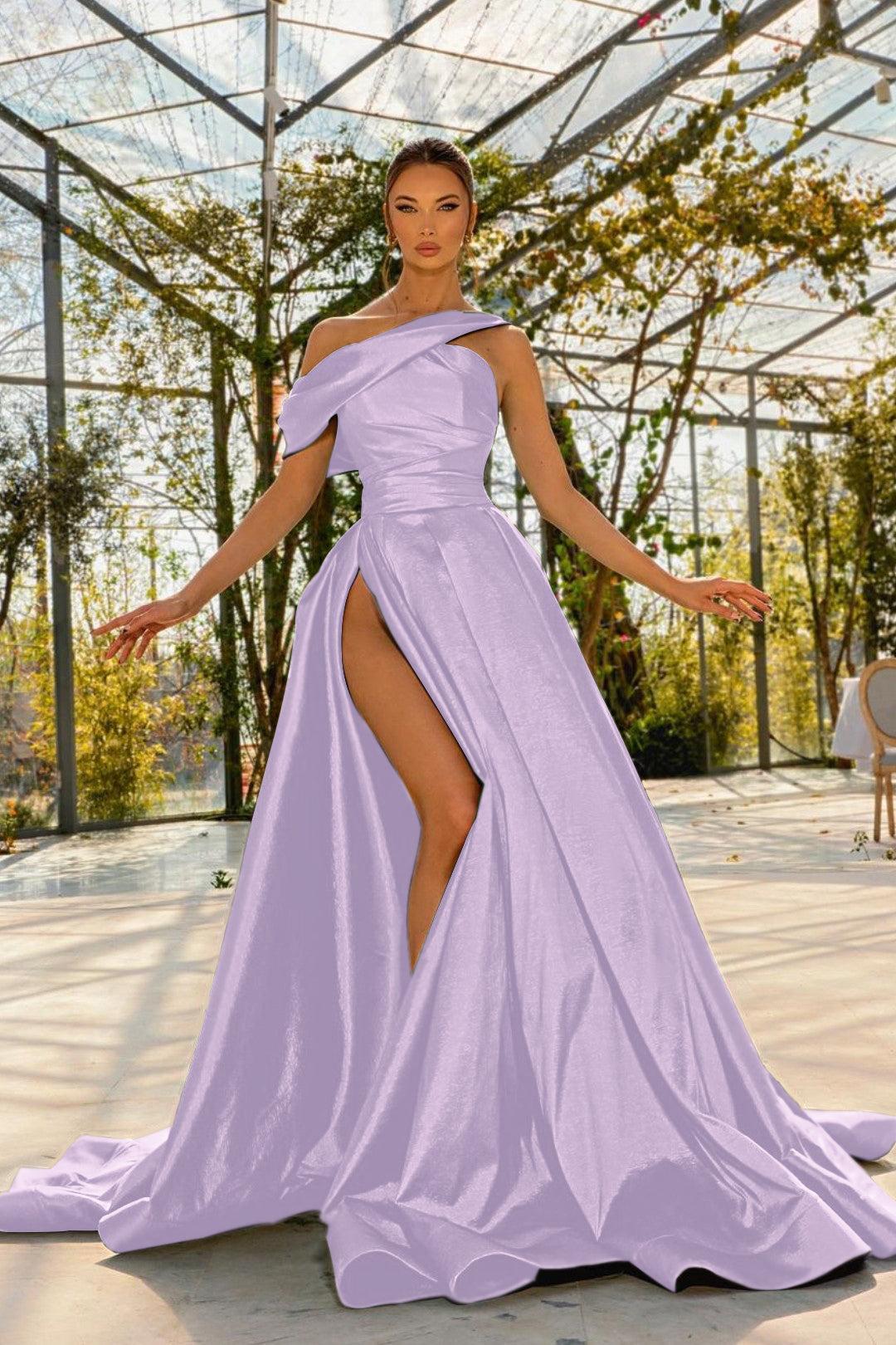 Green Prom Dress One Shoulder Satin Sleeveless Evening Formal Dress With High Split