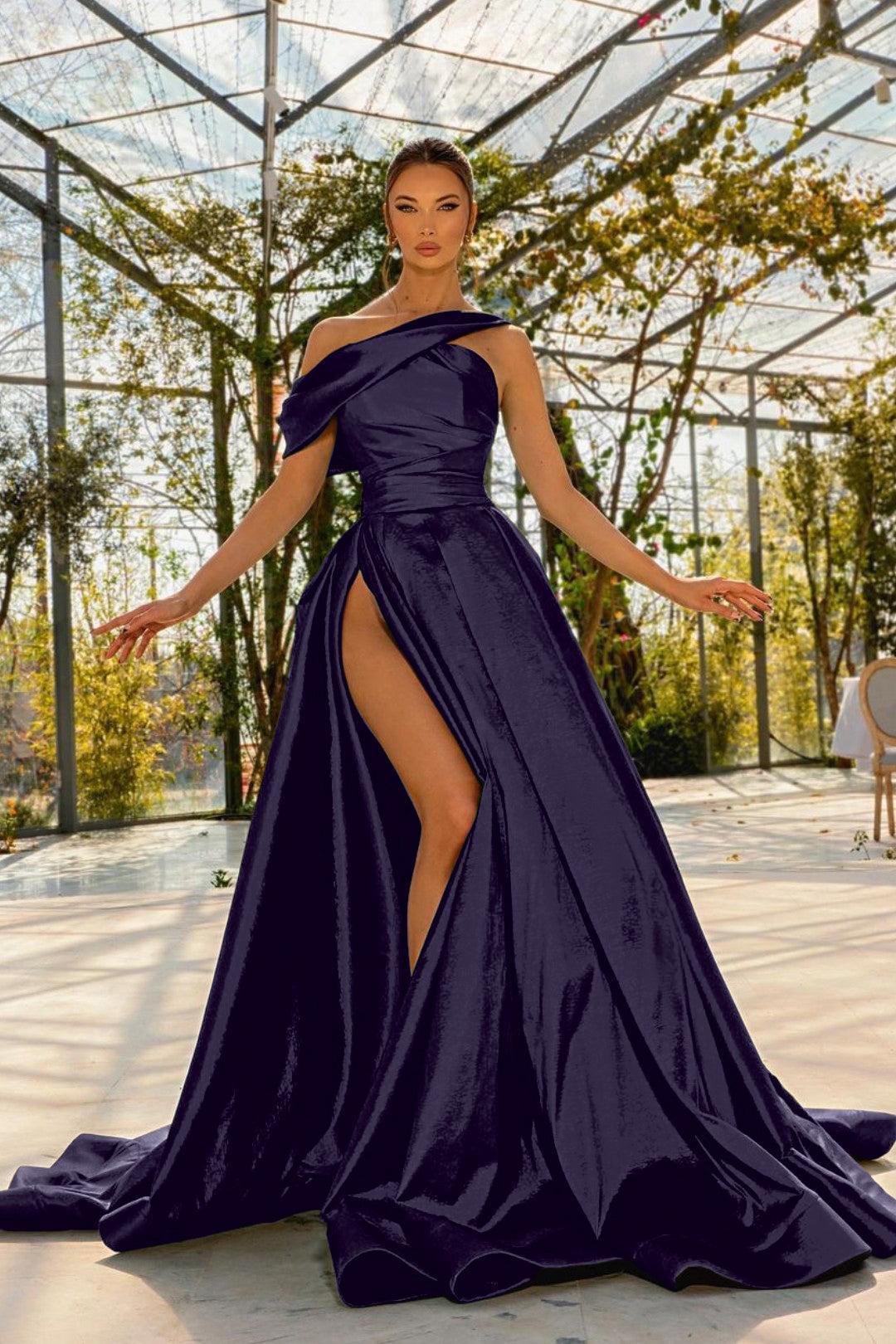 Green Prom Dress One Shoulder Satin Sleeveless Evening Formal Dress With High Split