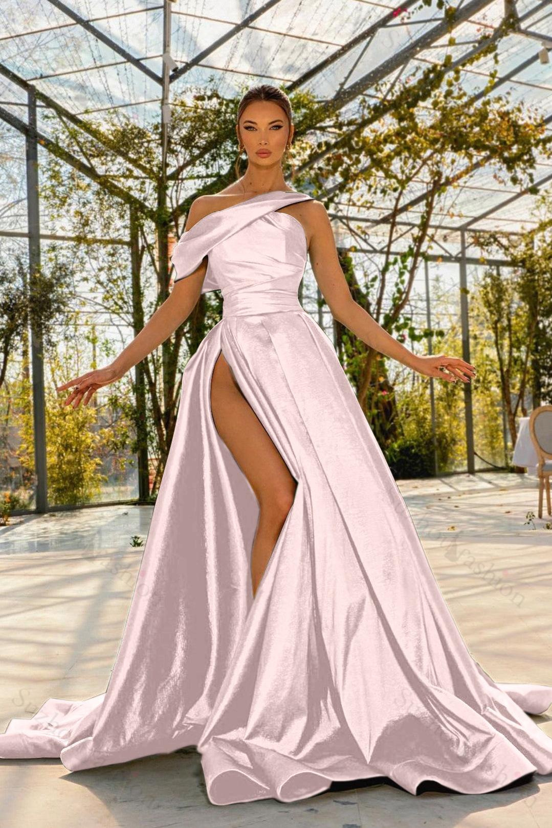 Green Prom Dress One Shoulder Satin Sleeveless Evening Formal Dress With High Split